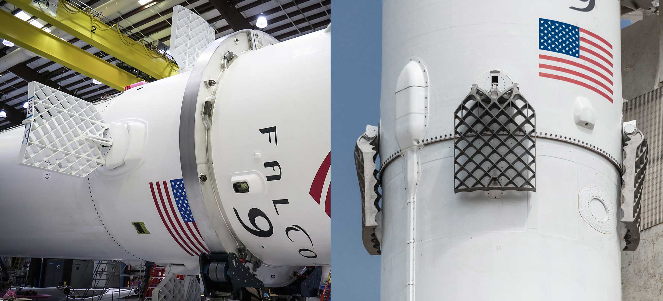 <small><strong>Figure 5:</strong> Falcon 9 grid fins. You can see the old aluminum grid fins (left) that were replaced by the new titanium ones (right). Credit: <em>www.flickr.com/spacexphotos</em> </small>
