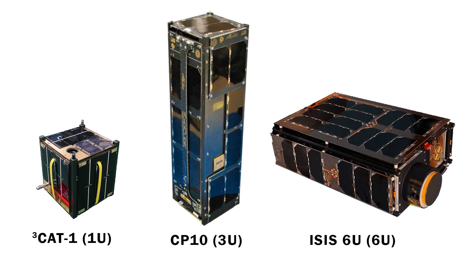 <small><strong>Figure 1:</strong> Examples of CubeSats of different sizes and shapes. From left to right: <sup>3</sup>Cat-1 by NanoSat Lab, CP10 by California Polytechnic State University and ISIS 6U by Innovative Solutions in Space.</small>