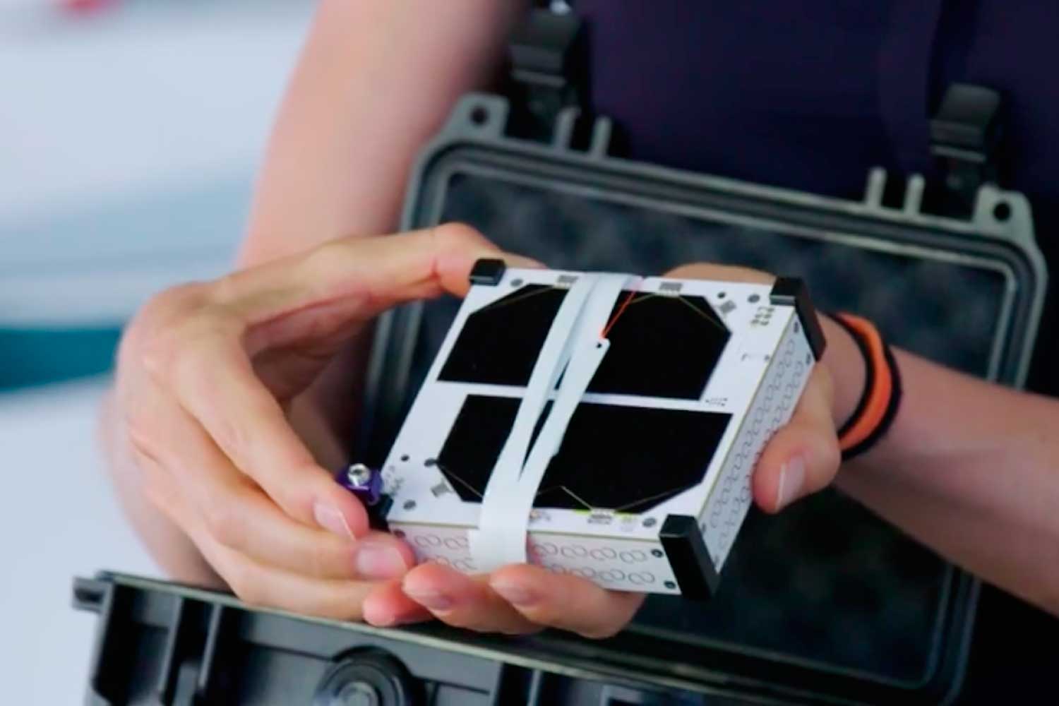 <small><strong>Figure 7:</strong> One of Swarm Technologies' "SpaceBee" nanosatellites. The company wants to operate a constellation of 150 tiny satellites to provide affordable satellite connectivity worldwide. Credit: <i>Swarm Technologies.</i></small>