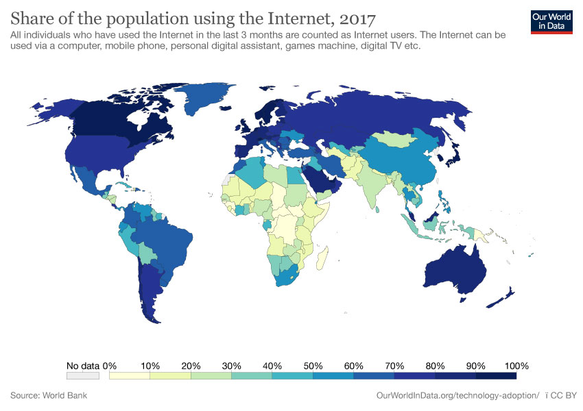 <small><strong>Figure 1:</strong> Share of individuals using internet around the world. <i>Credit: WorldBank.</i></small>